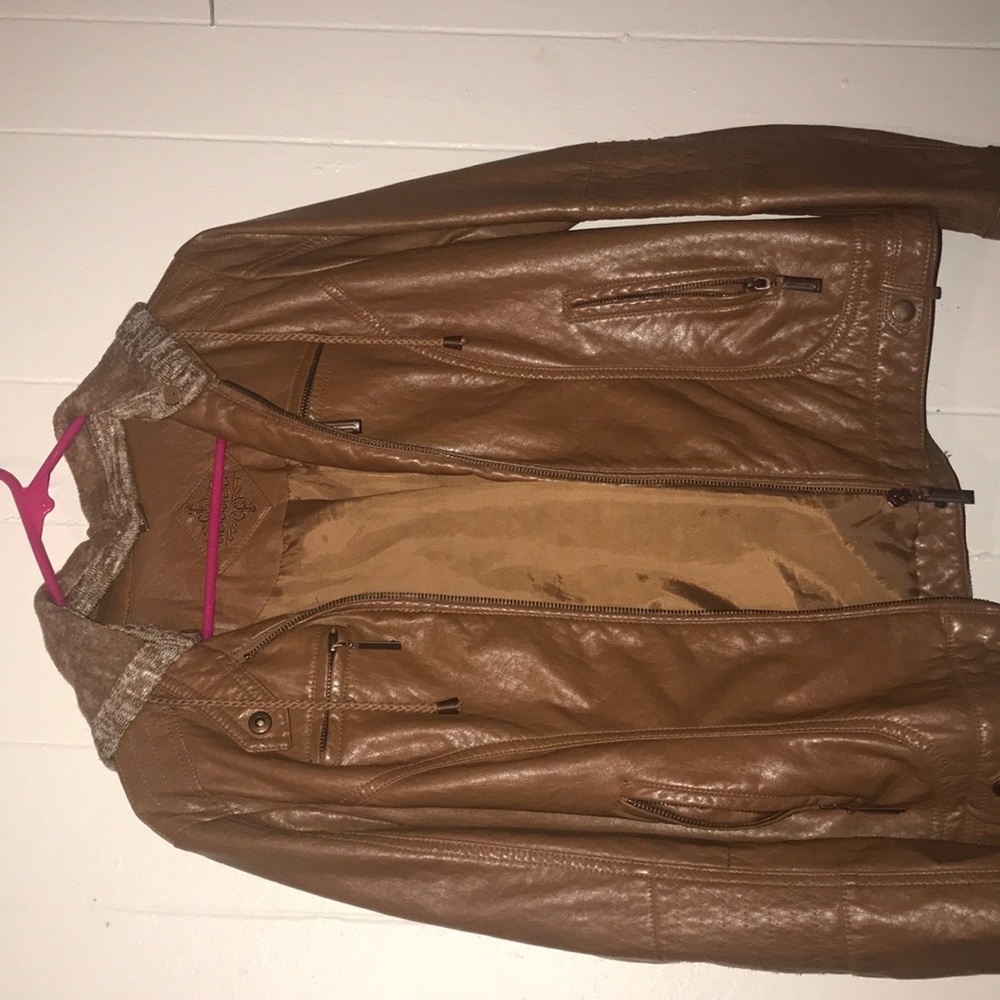Brown leather jacket with hood